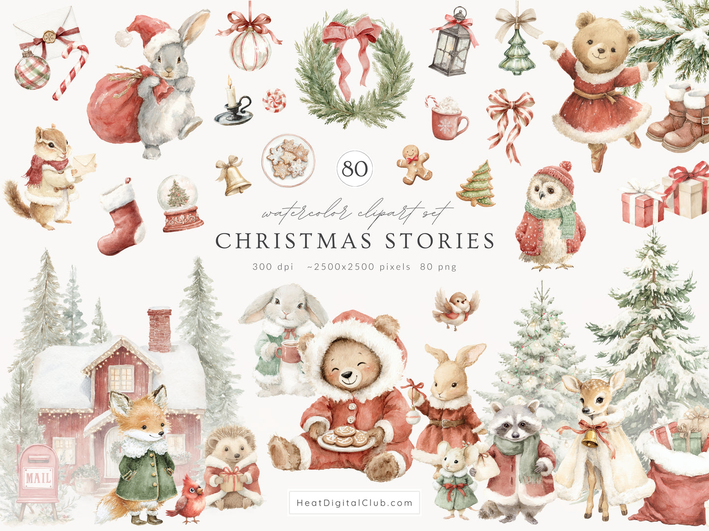 Christmas Stories - Clipart, Cute Xmas, Classic Holidays, Baby Animals, Woodland Santa | 80 PNG/JPEG
