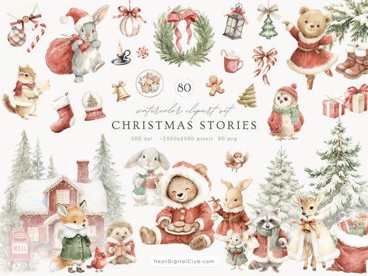 Christmas Stories - Clipart, Cute Xmas, Classic Holidays, Baby Animals, Woodland Santa | 80 PNG/JPEG