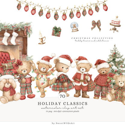 Holiday Classics - Christmas Teddy Bears Clipart, Cute Festive Nursery Animals | 70 PNG