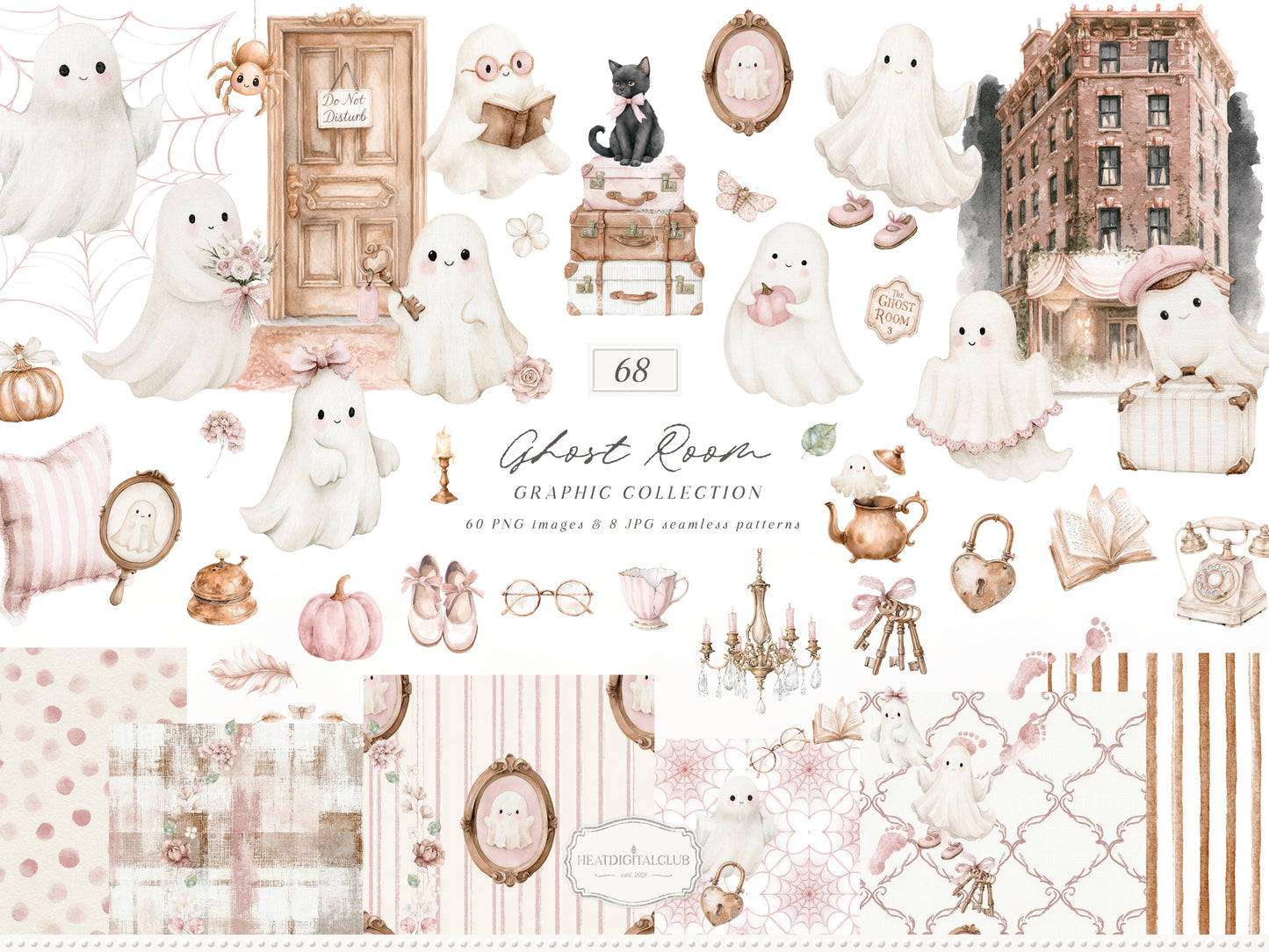 Ghost Room - Watercolor Pink Halloween Clipart and Seamless Patterns Bundle | 68 PNG/JPEG