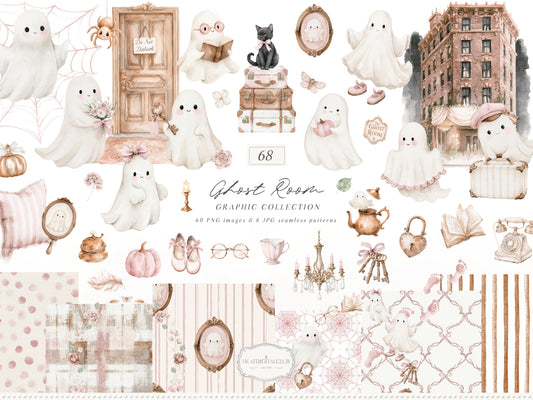 Ghost Room - Watercolor Pink Halloween Clipart and Seamless Patterns Bundle | 68 PNG/JPEG