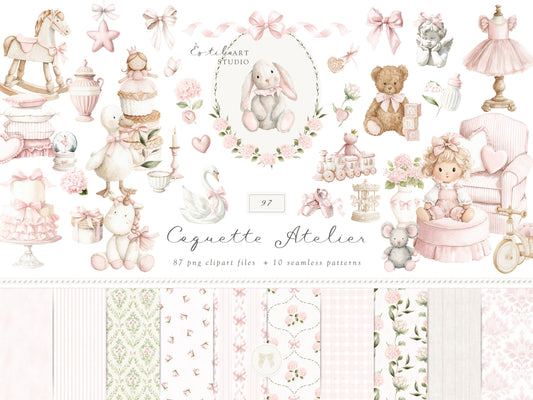 Coquette Atelier - Clipart Set, Soft Pink Baby Girl, Plush Toys, Nursery, Baby Shower | 97 PNG/JPEG