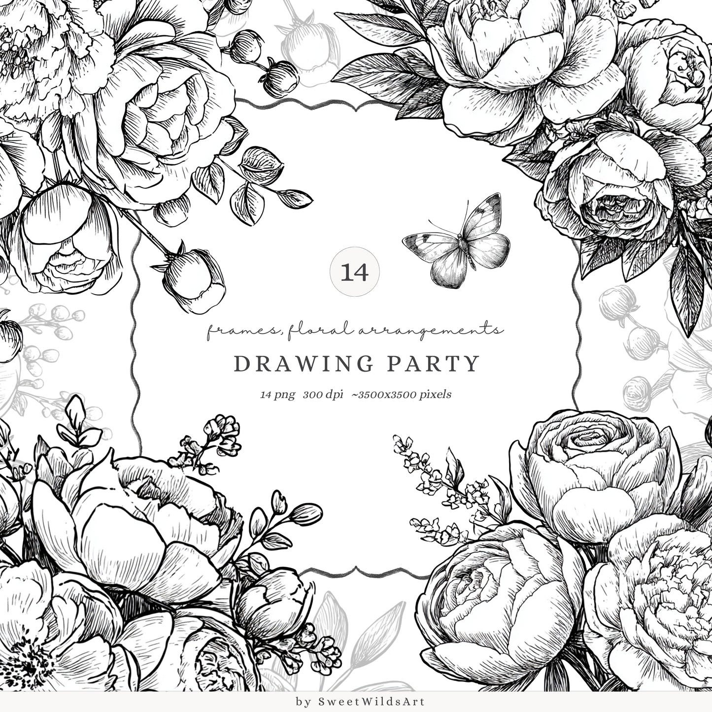 Drawing Party - Collection Bundle,  Line Art, Birthday, Black and White | 69 PNG/JPEG