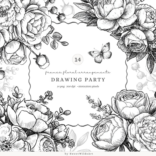 Drawing Party - Floral Line Art, Flowers Clipart, Black and White Peony | 14 PNG