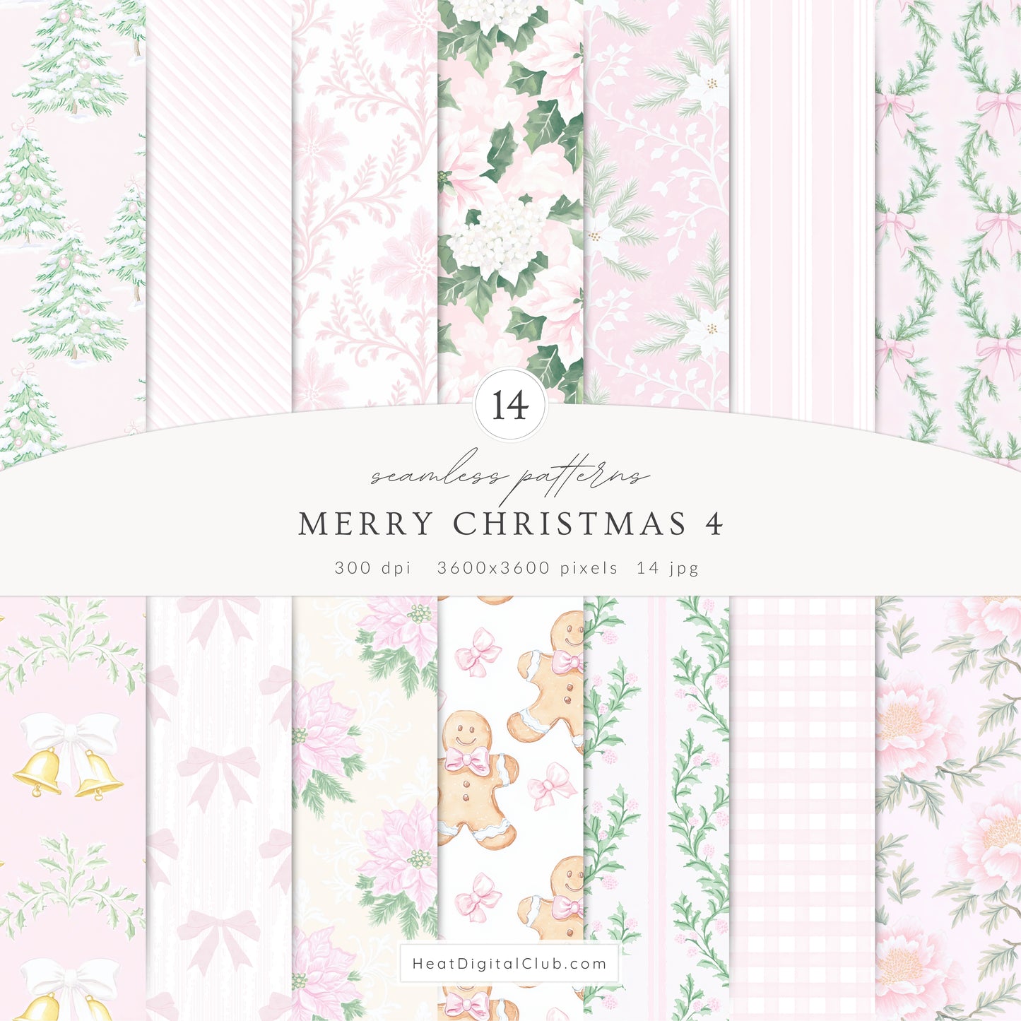 Merry Christmas - Seamless Patterns Bundle, Grandmillennial Holiday, Stripes, Plaid | 56 JPEG