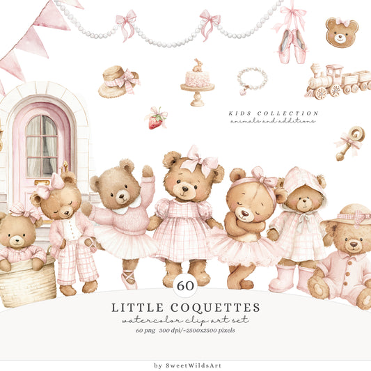 Little Coquettes - Teddy Bear Clipart Set, Pink Nursery, Ballet Bear, Grandmillennial | 60 PNG