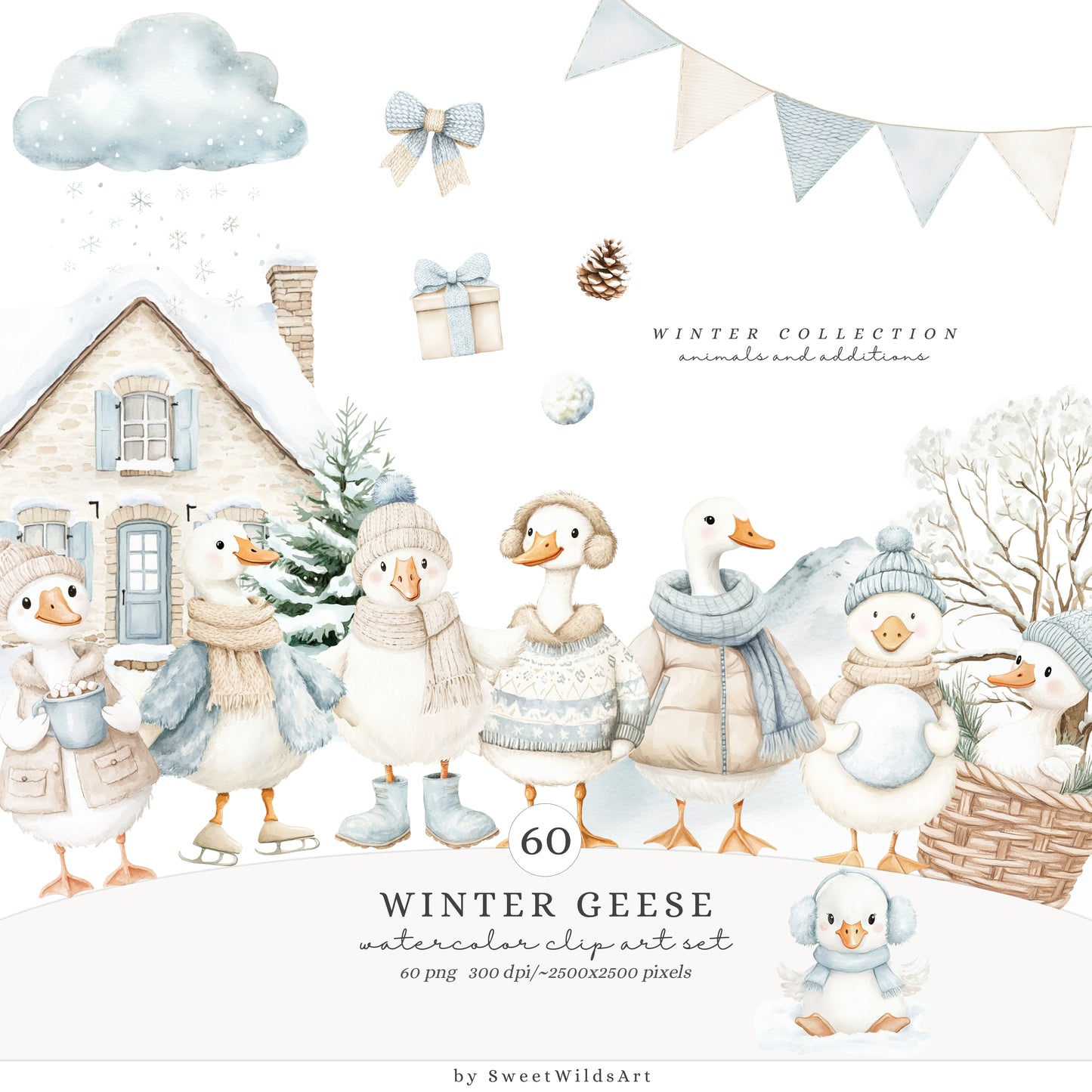 Winter Geese - Collection Clipart, Cute Silly Goose, Cozy Winter, Baby Shower | 110 PNG/JPEG