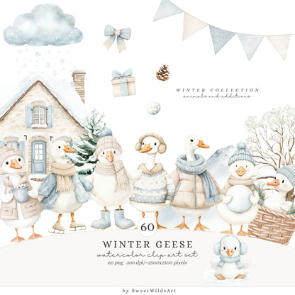 Winter Geese - Collection Clipart, Cute Silly Goose, Cozy Winter, Baby Shower | 110 PNG/JPEG
