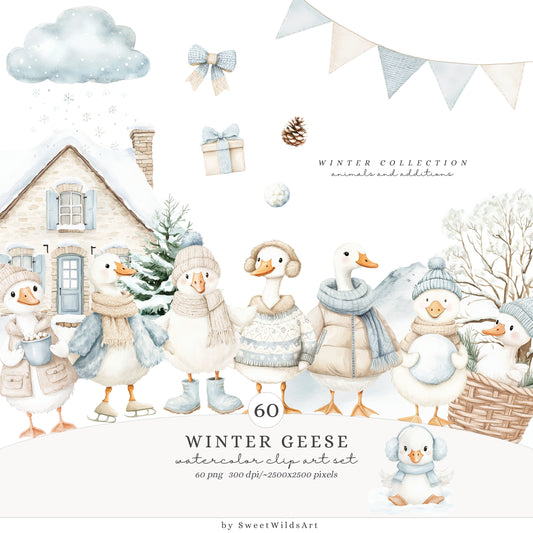 Winter Geese - Clipart, Cute Silly Goose, Cozy Animals, Baby Goose, Baby Shower | 60 PNG