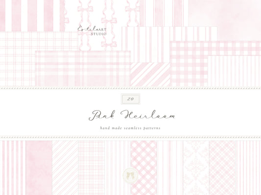 Pink Heirloom - Seamless Patterns, Classic Stripe Gingham Damask Bows Repeating, Elegant Pink Digital Paper | 20 JPEG