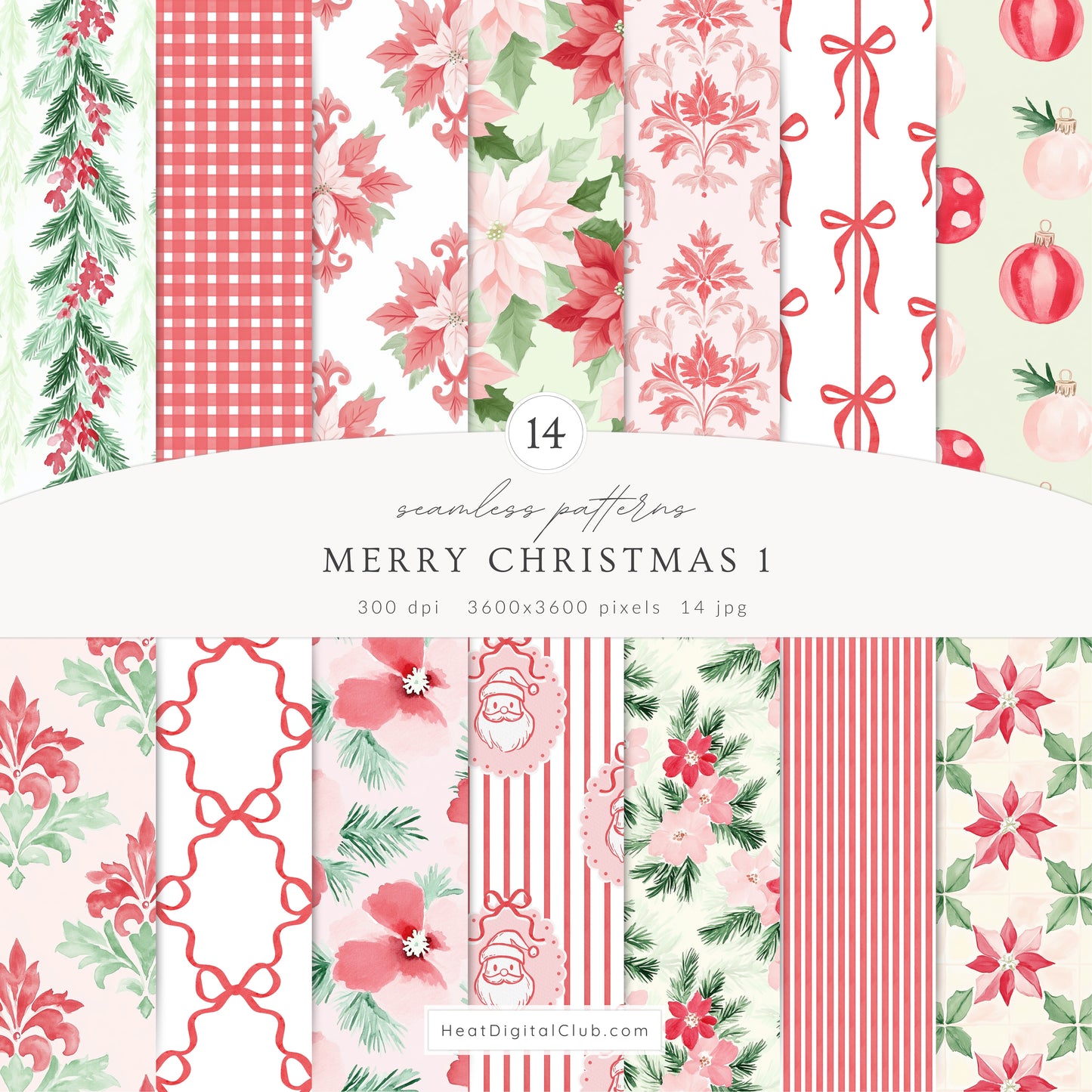 Merry Christmas - Seamless Patterns Bundle, Grandmillennial Holiday, Stripes, Plaid | 56 JPEG
