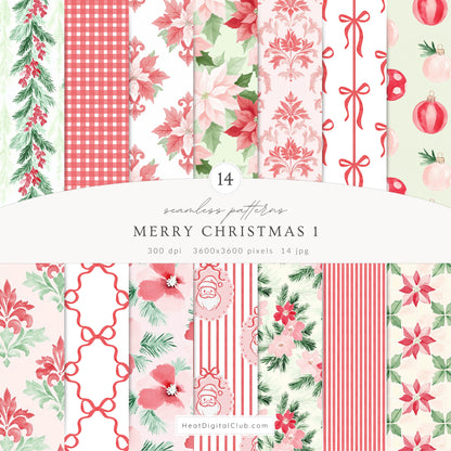 Merry Christmas - Seamless Patterns Bundle, Grandmillennial Holiday, Stripes, Plaid | 56 JPEG