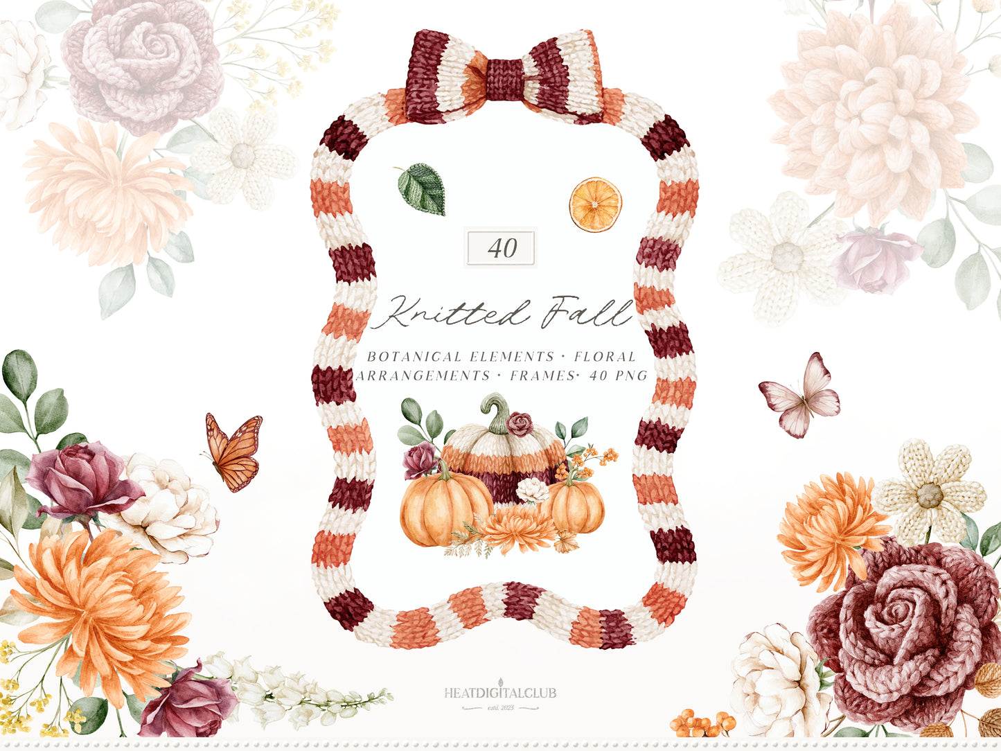 Knitted Fall - Watercolor Collection, Autumn Clipart Bundle, Cozy Fall Patterns, Floral Arrangements, Pumpkin | 114 PNG/JPEG