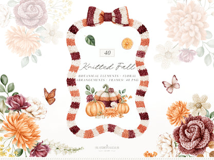 Knitted Fall - Watercolor Collection, Autumn Clipart Bundle, Cozy Fall Patterns, Floral Arrangements, Pumpkin | 114 PNG/JPEG