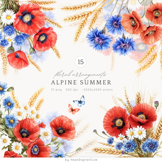 Alpine Summer - Floral Arrangements Clipart, Poppies and Cornflowers | 12 PNG