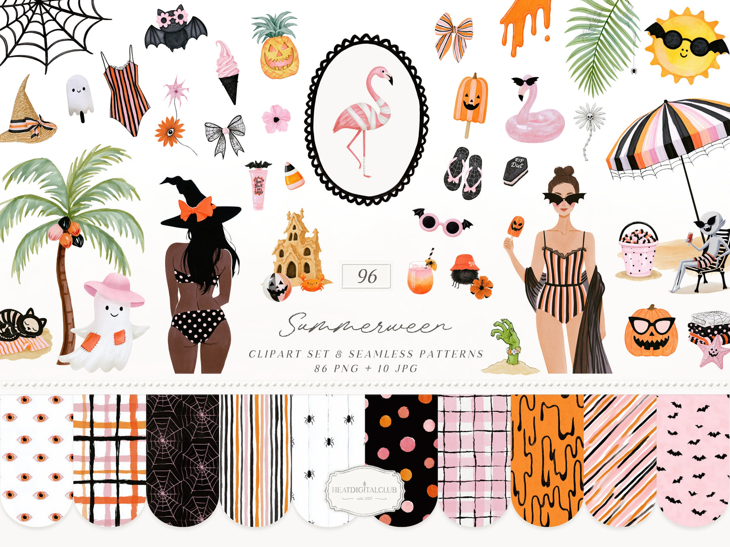 Summerween - Clipart Bundle, Halloween Summer, Spooky Beach Party, Pink Orange Black, Seamless Patterns | 96 PNG/JPEG