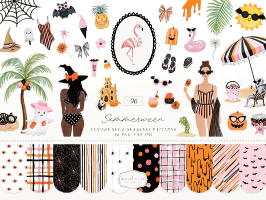 Summerween - Clipart Bundle, Halloween Summer, Spooky Beach Party, Pink Orange Black, Seamless Patterns | 96 PNG/JPEG
