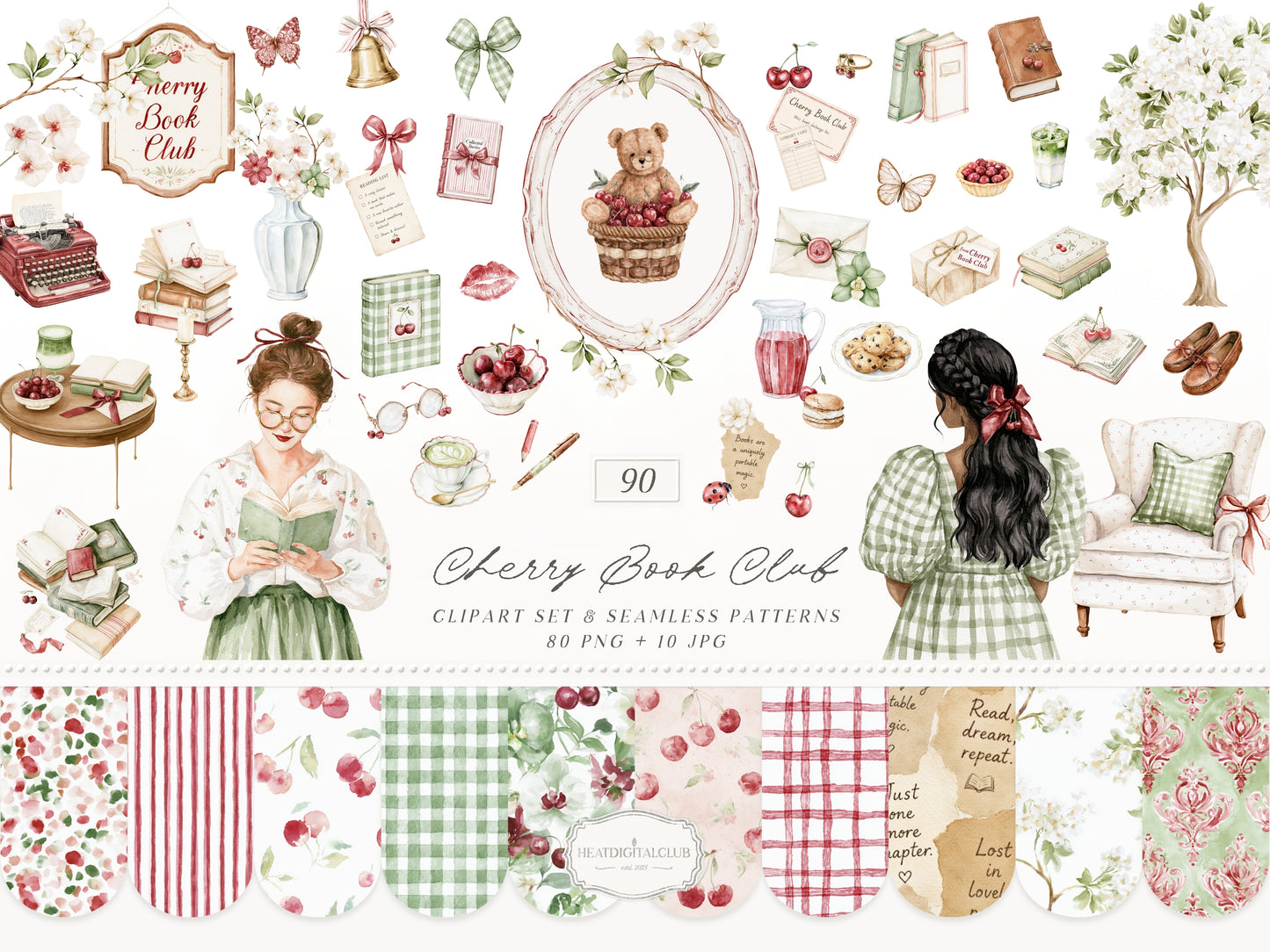 Cherry Book Club - Clipart, Bookish , Reading Girl, Matcha Latte, Cherries, Vintage Books, Seamless Patterns | 90 PNG/JPEG
