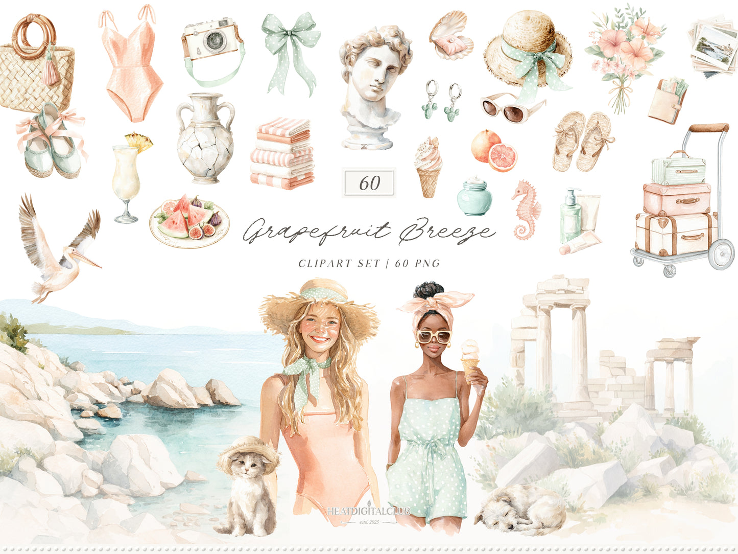 Grapefruit Breeze - Summer Clipart, Mediterranean Beach, Coastal Aesthetic, Citrus, Vacation | 94 PNG/JPEG