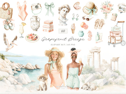 Grapefruit Breeze - Summer Clipart, Mediterranean Beach, Coastal Aesthetic, Citrus, Vacation | 94 PNG/JPEG