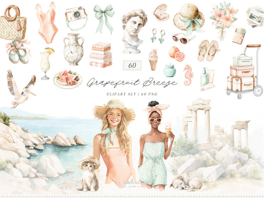 Grapefruit Breeze - Summer Clipart, Mediterranean Beach, Coastal Aesthetic, Citrus, Vacation | 60 PNG