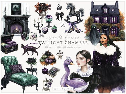 Twilight Chamber - Halloween Clipart, Cottagecore, Black Swan | 60 PNG
