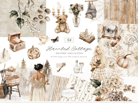 Haunted Cottage - Watercolor Clipart and Seamless Patterns Bundle, Neutral Halloween | 94 PNG/JPEG
