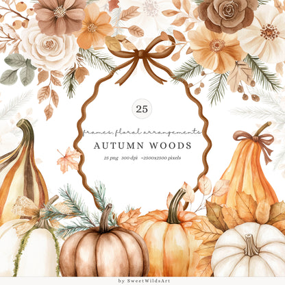 Autumn Woods - Floral Arrangements, Fall Bouquets Clipart, Pumpkins | 25 PNG