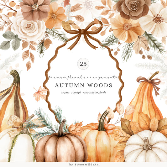 Autumn Woods - Floral Arrangements, Fall Bouquets Clipart, Pumpkins | 25 PNG