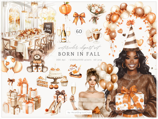 Born In Fall - Birthday Girl Clipart, Autumn Balloons, Cakes and Gifts, Party | 60 PNG