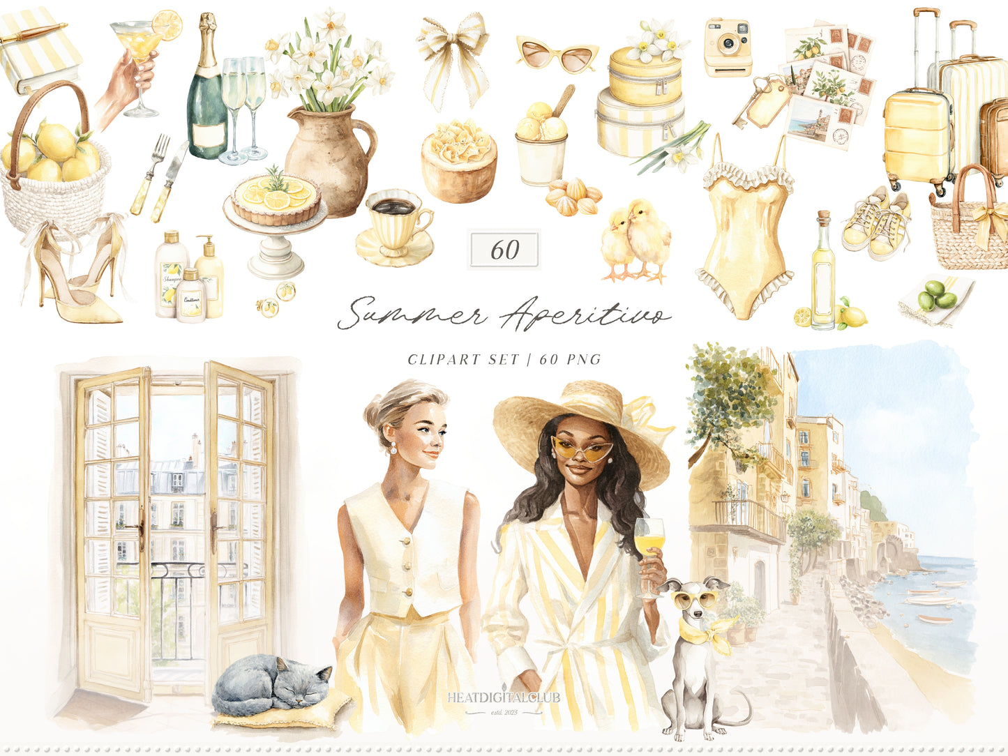 Summer Aperitivo - Clipart Bundle, Italian Lemon, Limoncello Aesthetic, Mediterranean Travel | 94 PNG/JPEG