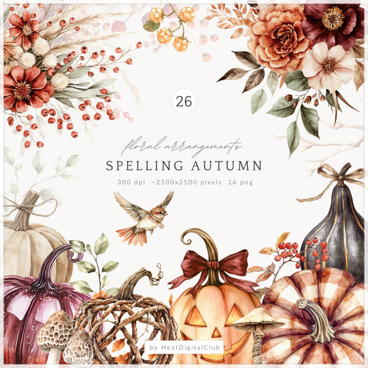 Spelling Autumn - Floral Arrangements Clipart, Cottagecore, Fall Flowers | 26 PNG