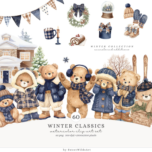 Winter Classics - Teddy Bears Clipart, Tartan Holiday, Cute, Festive Nursery Animals | 60 PNG