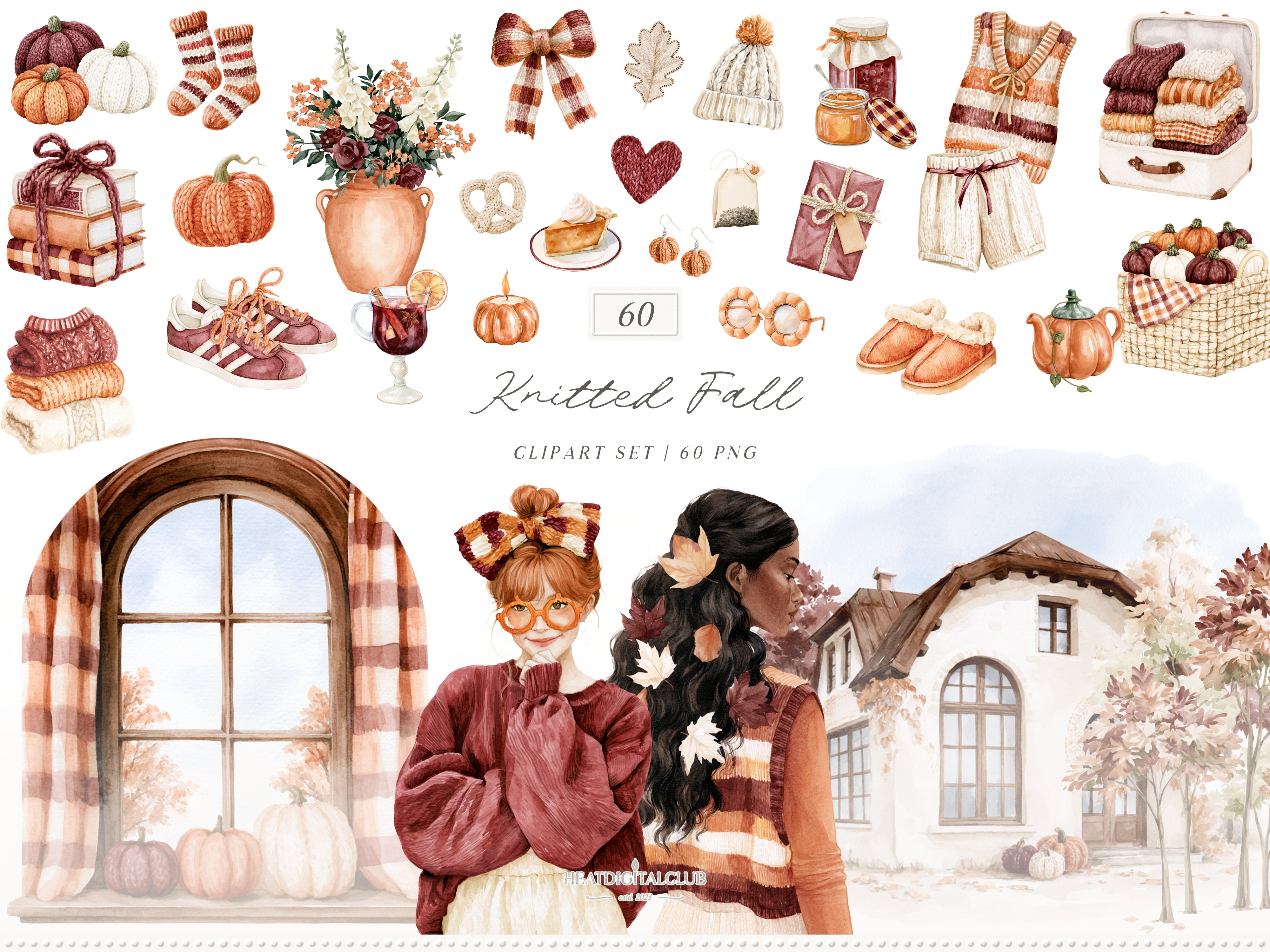 Knitted Fall - Watercolor Collection, Autumn Clipart Bundle, Cozy