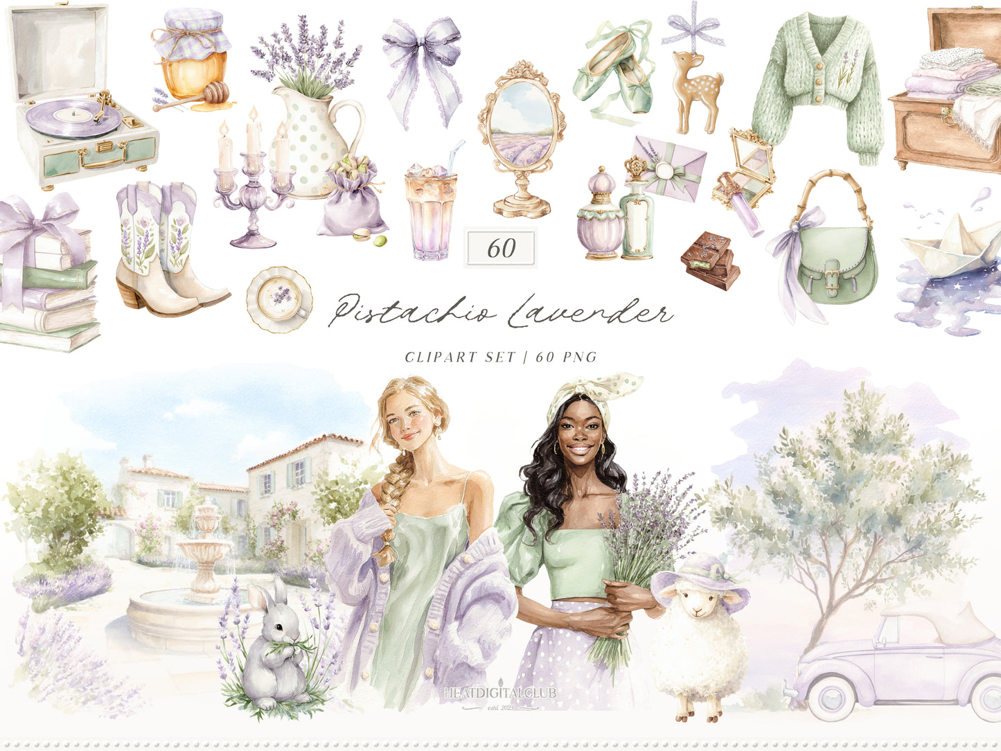 Pistachio Lavender - Bundle Clipart & Patterns, French Countryside Aesthetic, Lavender Field, Romantic Spring  | 94 PNG/JPEG