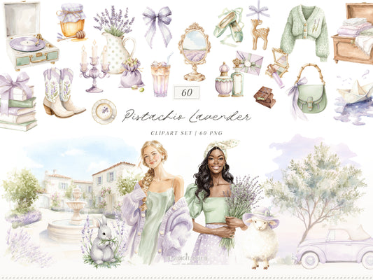 Pistachio Lavender - Clipart, French Countryside Aesthetic, Lavender Field, Romantic Spring | 60 PNG