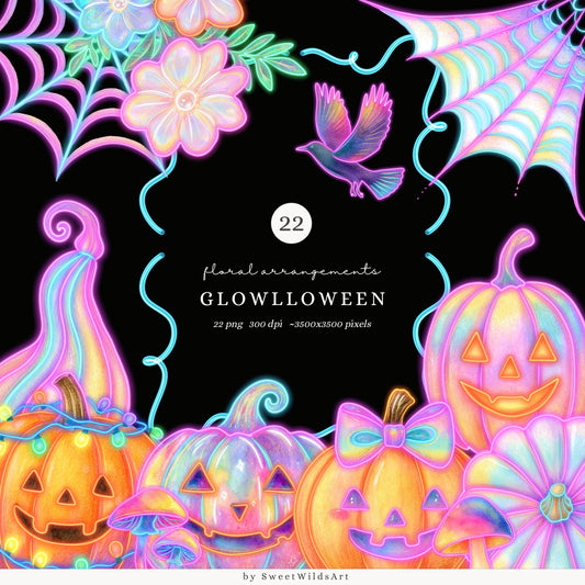 Glowlloween - Neon Halloween Floral Arrangements, Glowing Pumpkin, Flowers | 22 PNG