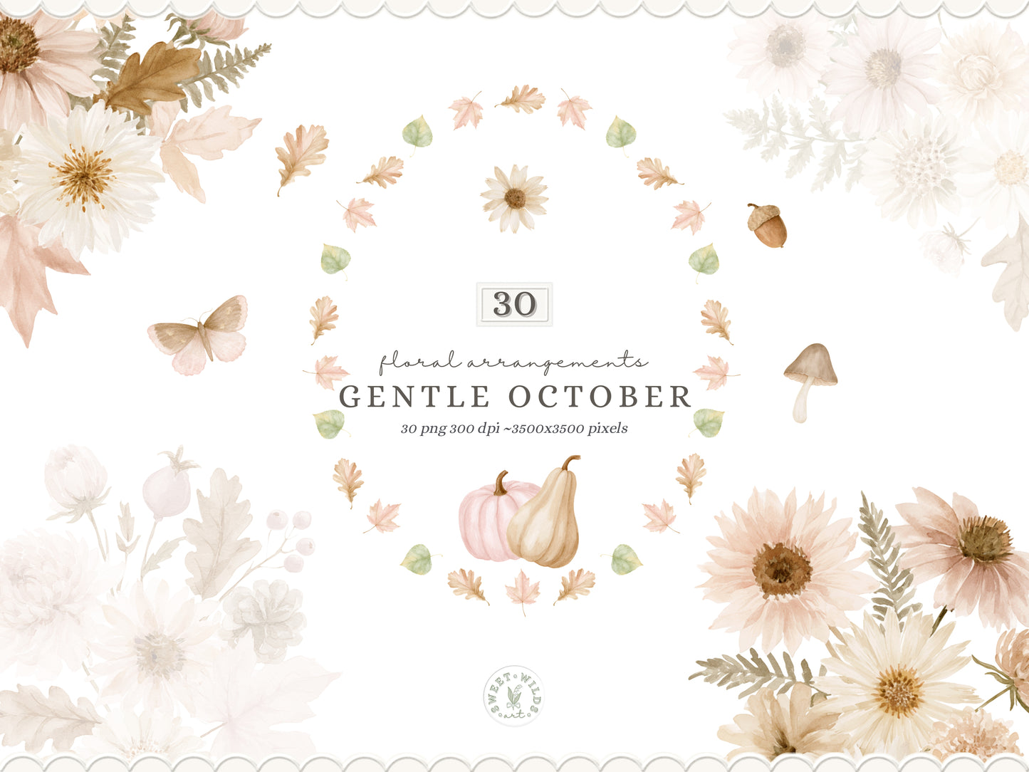 Gentle October - Watercolor Fall Clipart Seamless Patterns Bundle, Kids Woodland Collection | 102 PNG/JPEG