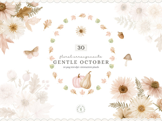 Gentle October - Watercolor Fall Floral Arrangements, Autumn Botanicals Collection | 30 PNG