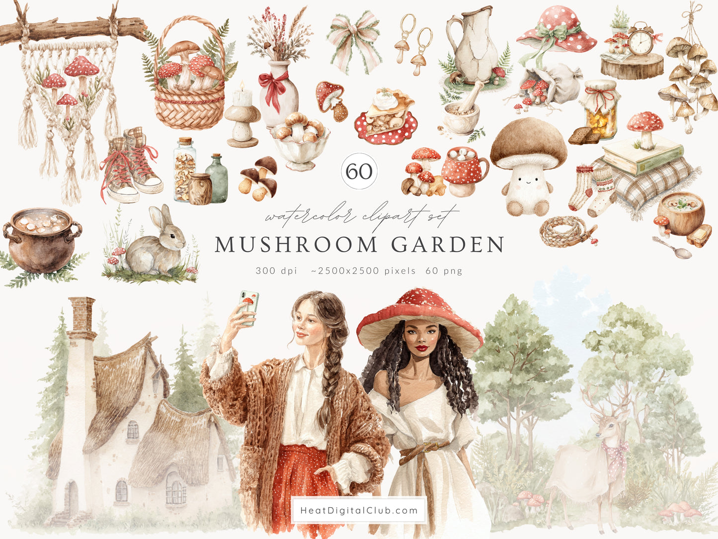 Mushroom Garden - Cottage Clipart Bundle, Forest Mushroomcore, Woodland, Cottagecore | 94 PNG/JPEG