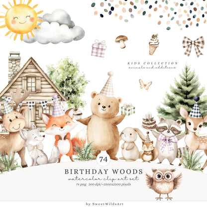 Birthday Woods - Collection Bundle, Woodland Animals , Cute Baby | 127 PNG/JPEG