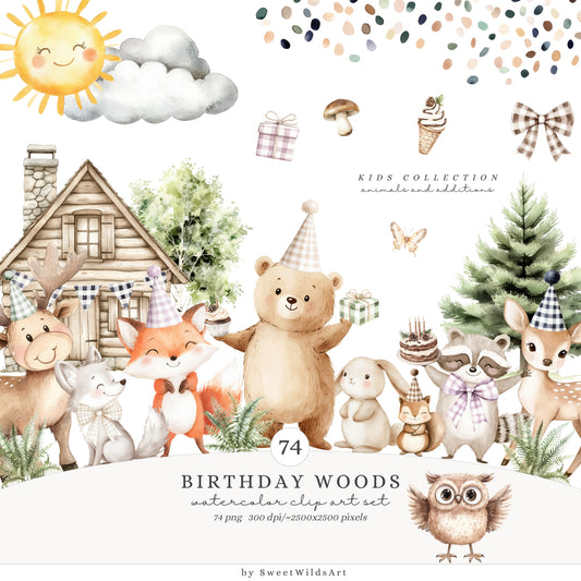 Birthday Woods - Woodland Animals, Cute Forest Party Clipart, Kids Party | 74 PNG