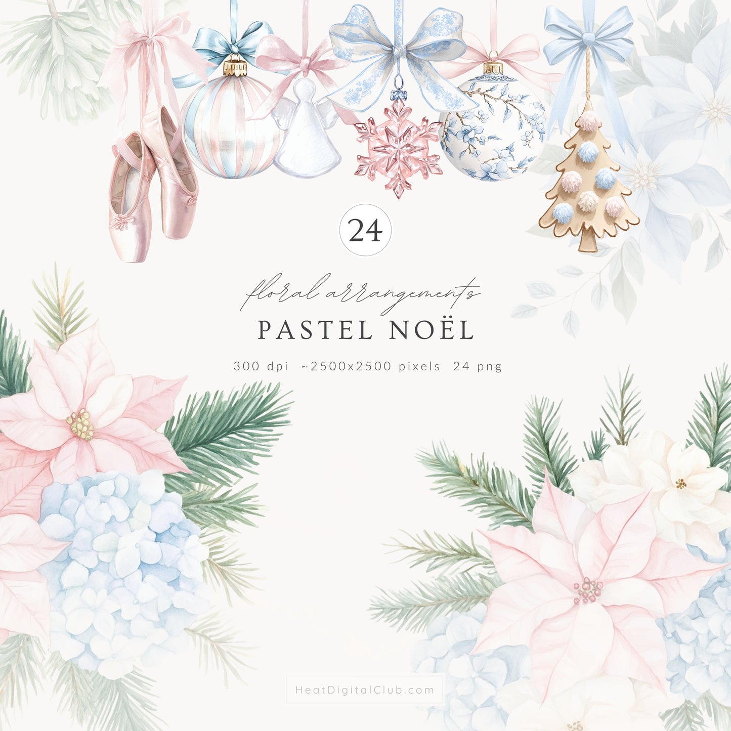 Pastel Noël - Christmas Clipart Bundle, Elegant Grandmillennial, Pink & Blue Holiday | 94 PNG/JPEG