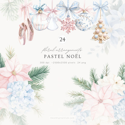 Pastel Noël - Christmas Clipart Bundle, Elegant Grandmillennial, Pink & Blue Holiday | 94 PNG/JPEG