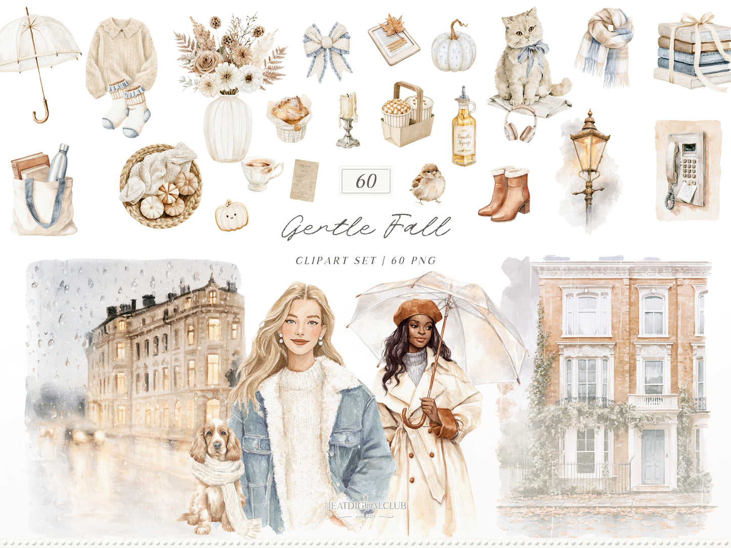 Gentle Fall - Clipart & Seamless Patterns Collection, Cozy Fall, Neutral Autumn, London | 111 PNG/JPEG