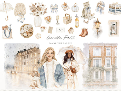 Gentle Fall - Clipart & Seamless Patterns Collection, Cozy Fall, Neutral Autumn, London | 111 PNG/JPEG