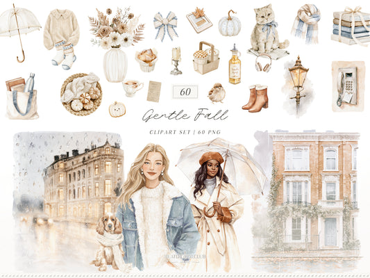 Gentle Fall - Clipart, London Autumn, Cozy Autumn, Neutral Fall Aesthetic, Rainy Day | 60 PNG