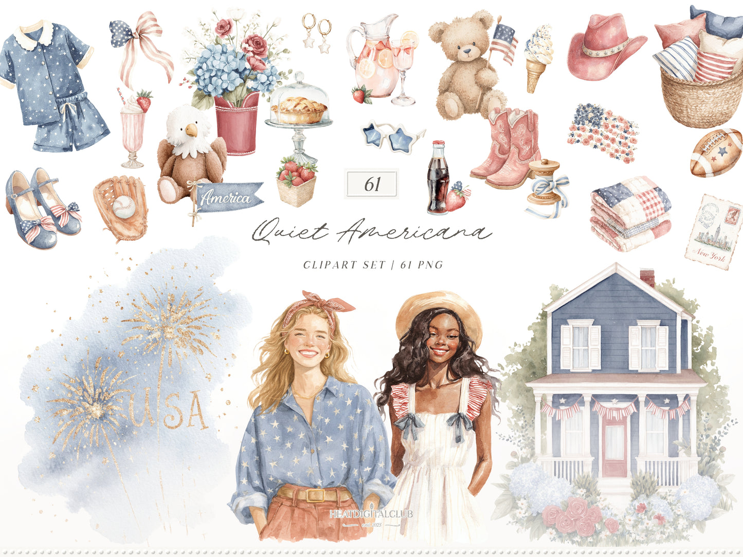 Quiet Americana - 4th of July Clipart Bundle, Vintage Summer, Independence Day, Patriotic | 95 PNG/JPEG