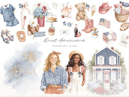 Quiet Americana - 4th of July Clipart Bundle, Vintage Summer, Independence Day, Patriotic | 95 PNG/JPEG
