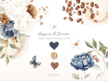 Coffee & Denim - Floral Arrangements Clipart, Blue Ivory Flowers, Coffee Aesthetic,  Botanical | 21 PNG